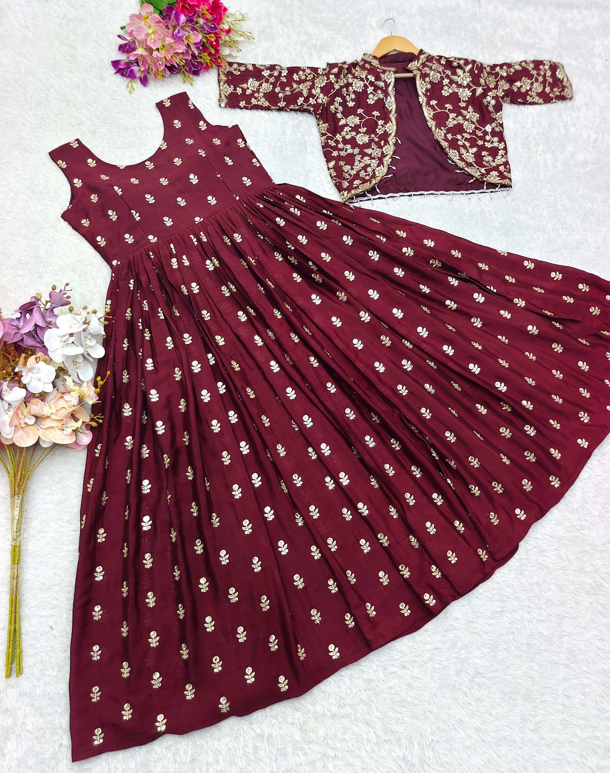 HOS Cinon Silk Gown with Embroidered Jacket Set - House Of ShiVisha