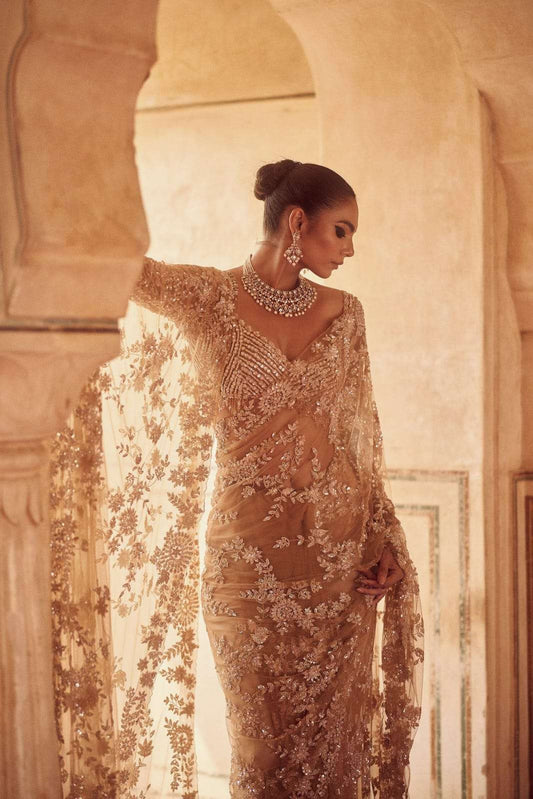 HOS DF 3434 Net Sequins Saree with Heavy Embroidery - House Of ShiVisha