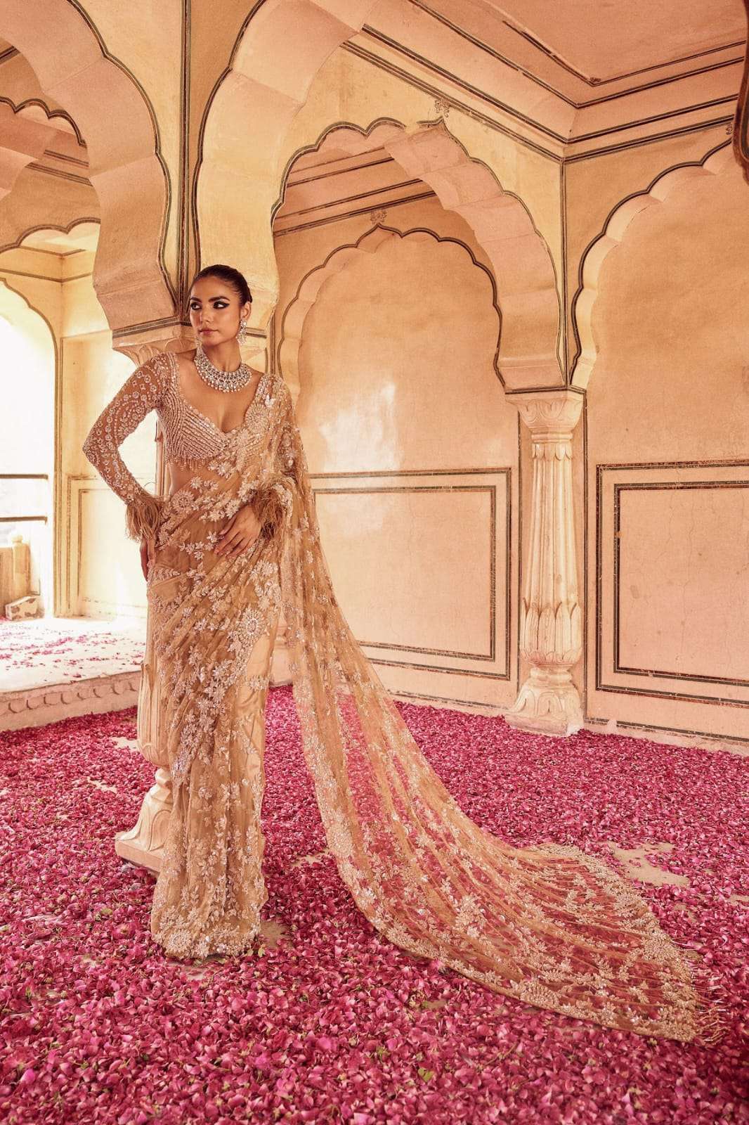 HOS DF 3434 Net Sequins Saree with Heavy Embroidery - House Of ShiVisha