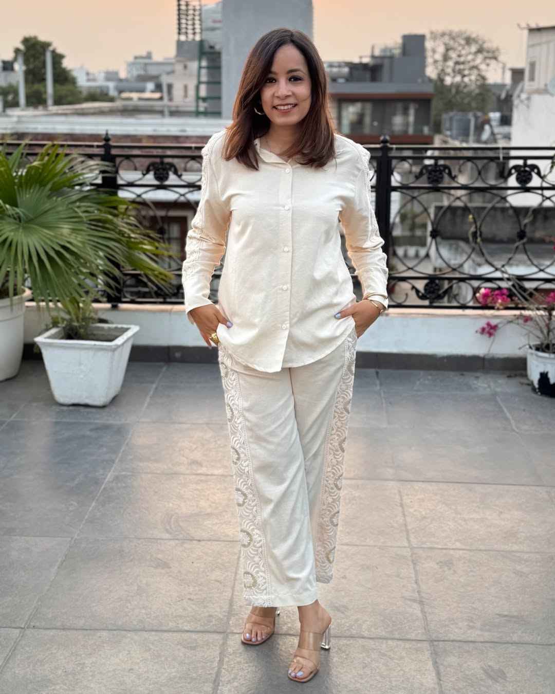 HOS Schiffli Cotton Cordset with Embroidered Sleeves & Pants - House Of ShiVisha