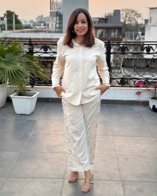 HOS Schiffli Cotton Cordset with Embroidered Sleeves & Pants - House Of ShiVisha