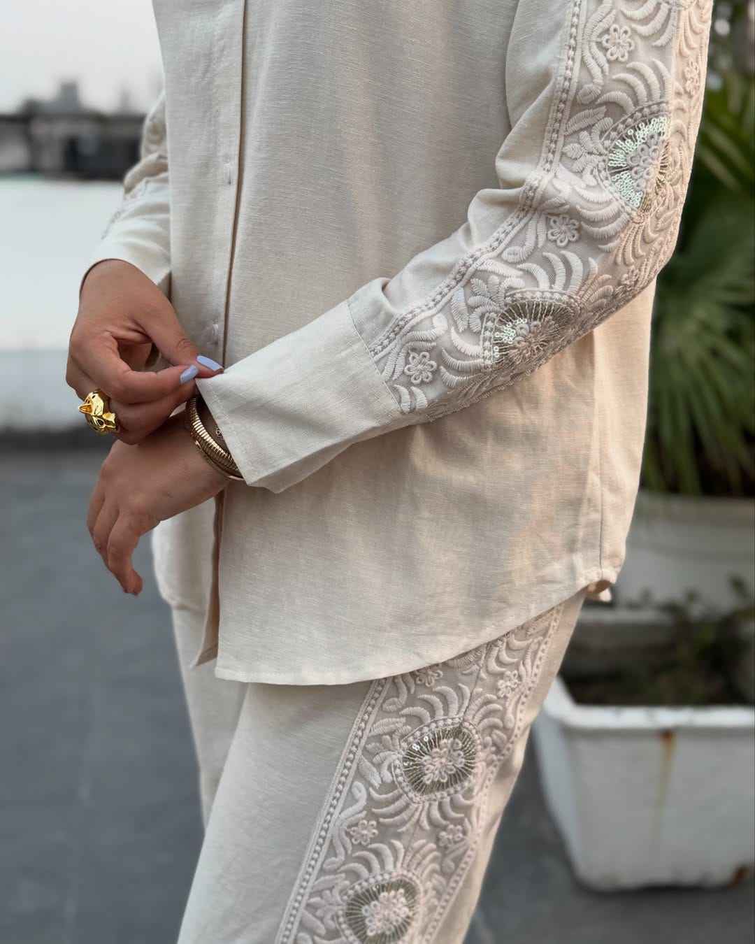 HOS Schiffli Cotton Cordset with Embroidered Sleeves & Pants - House Of ShiVisha