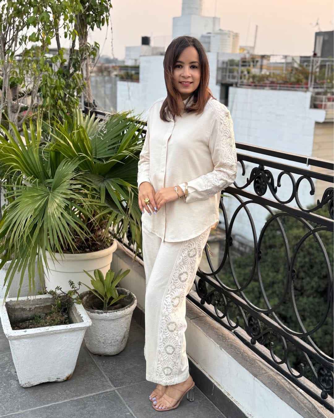 HOS Schiffli Cotton Cordset with Embroidered Sleeves & Pants - House Of ShiVisha