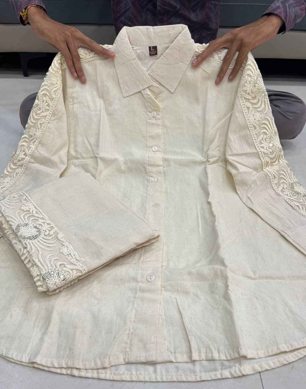 HOS Schiffli Cotton Cordset with Embroidered Sleeves & Pants - House Of ShiVisha