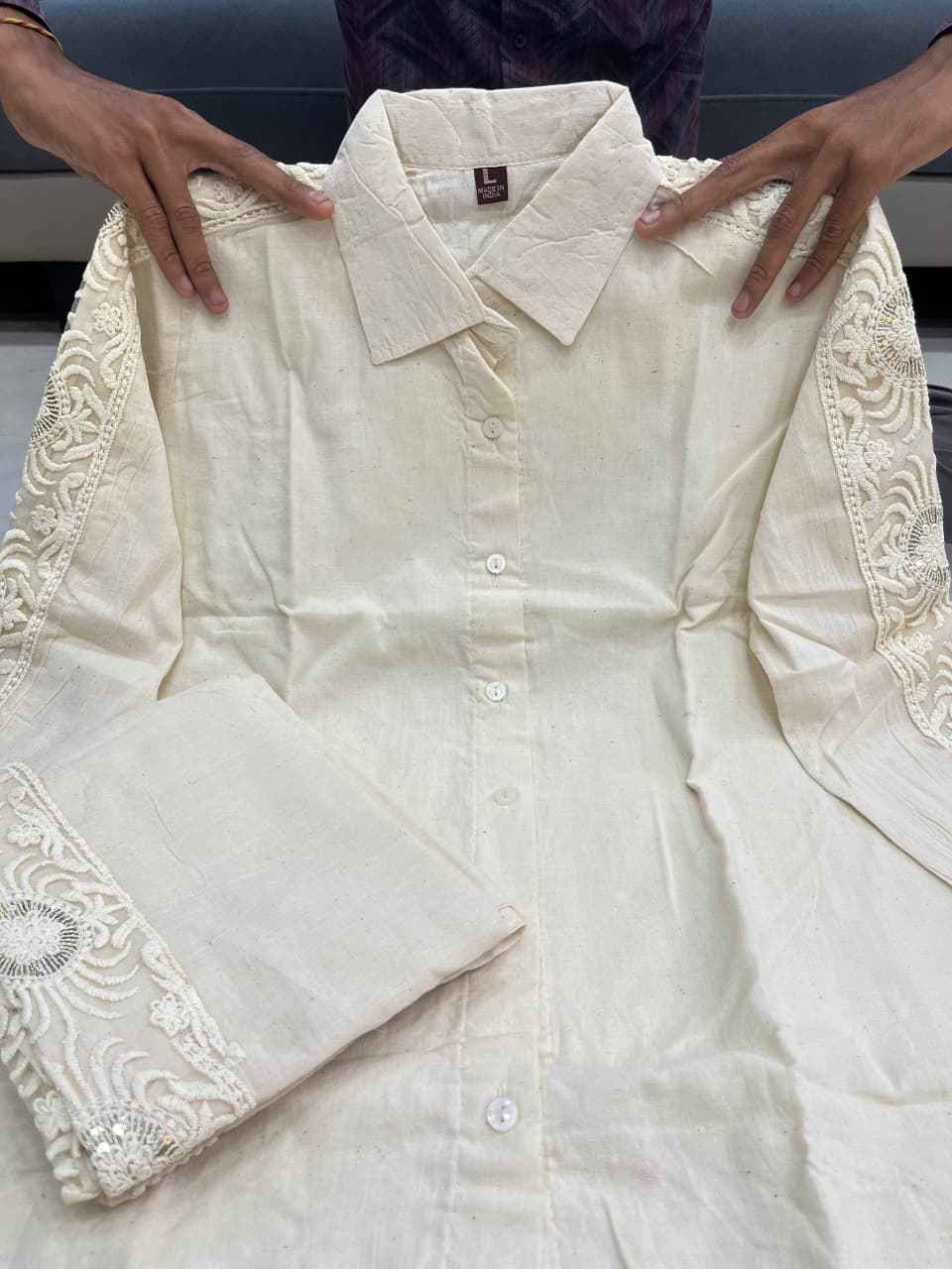 HOS Schiffli Cotton Cordset with Embroidered Sleeves & Pants - House Of ShiVisha