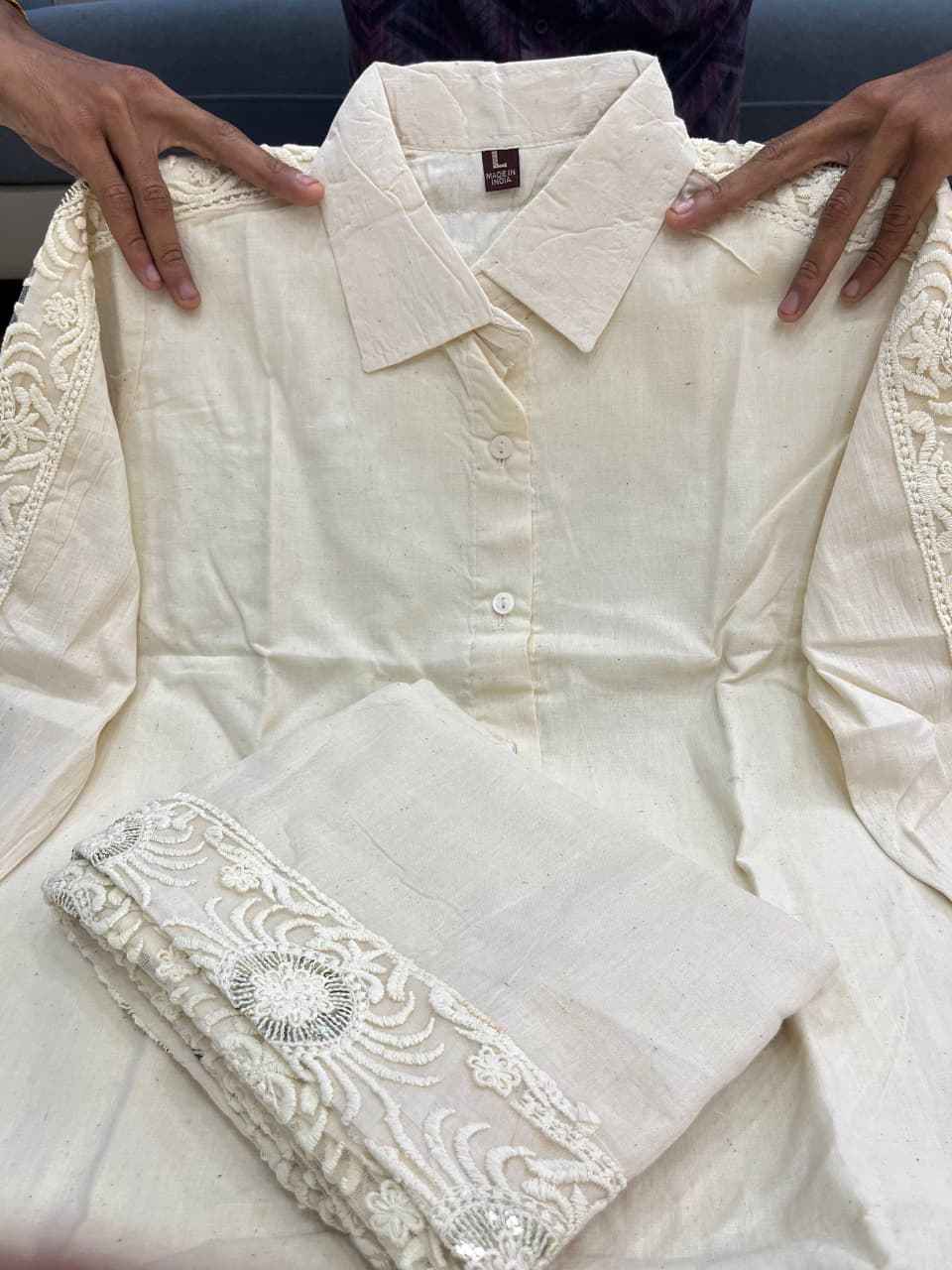 HOS Schiffli Cotton Cordset with Embroidered Sleeves & Pants - House Of ShiVisha