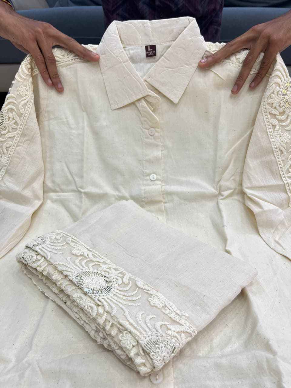 HOS Schiffli Cotton Cordset with Embroidered Sleeves & Pants - House Of ShiVisha