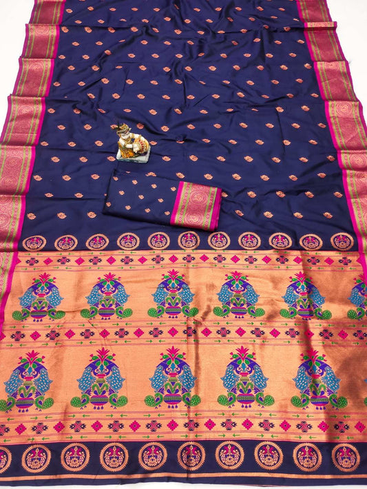 HOS Ruhi Paithani Banarasi Silk Saree with Peacock Pallu - House Of ShiVisha