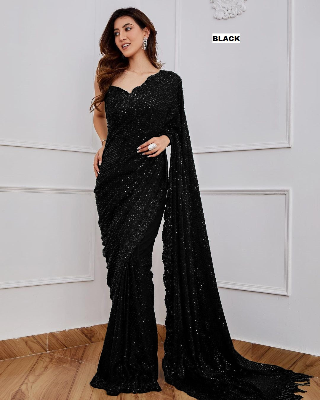 HOS DF 3312 Georgette Sequins Saree with Silk Blouse - House Of ShiVisha