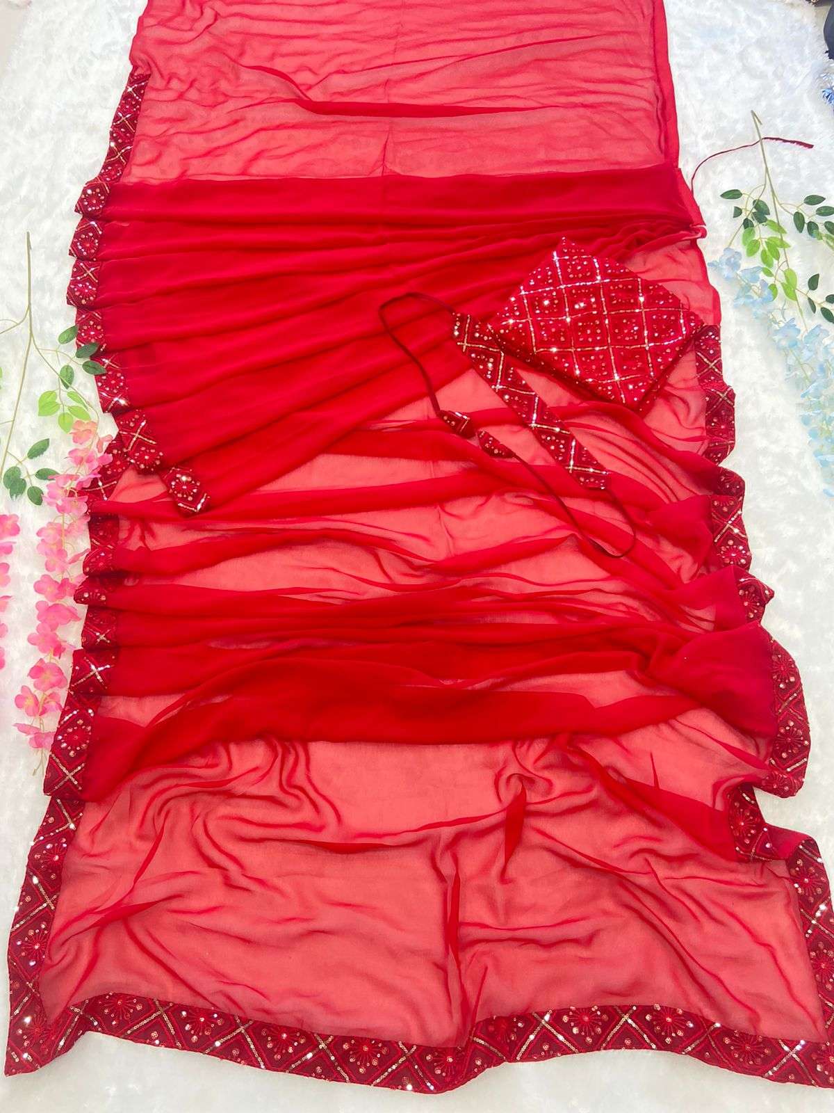 HOS HC-621 Georgette Ready-to-Wear Saree with Chikankari Work - House Of ShiVisha