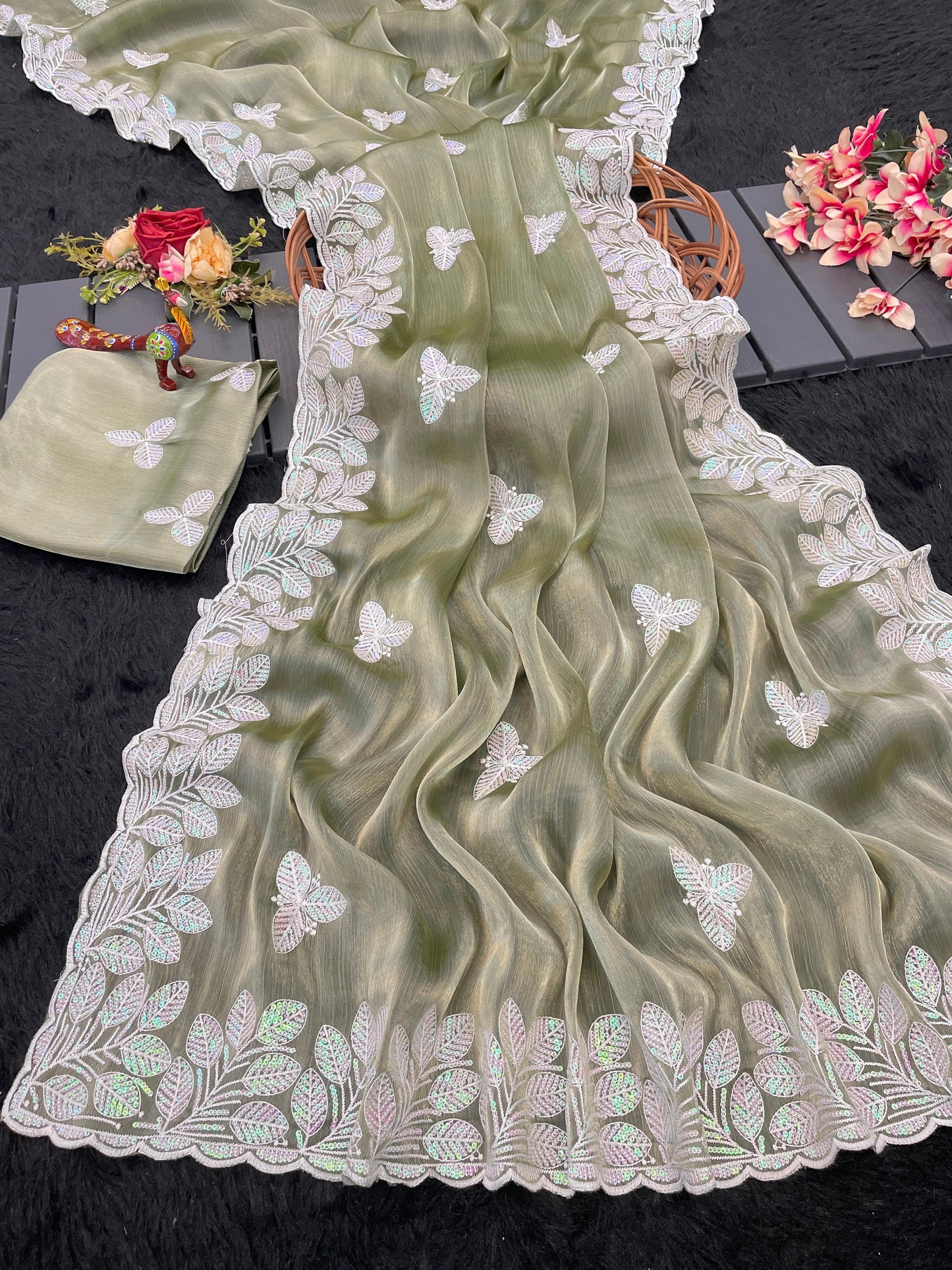 HOS Titali Burberry Chiffon Saree with Sequins Embroidery - House Of ShiVisha