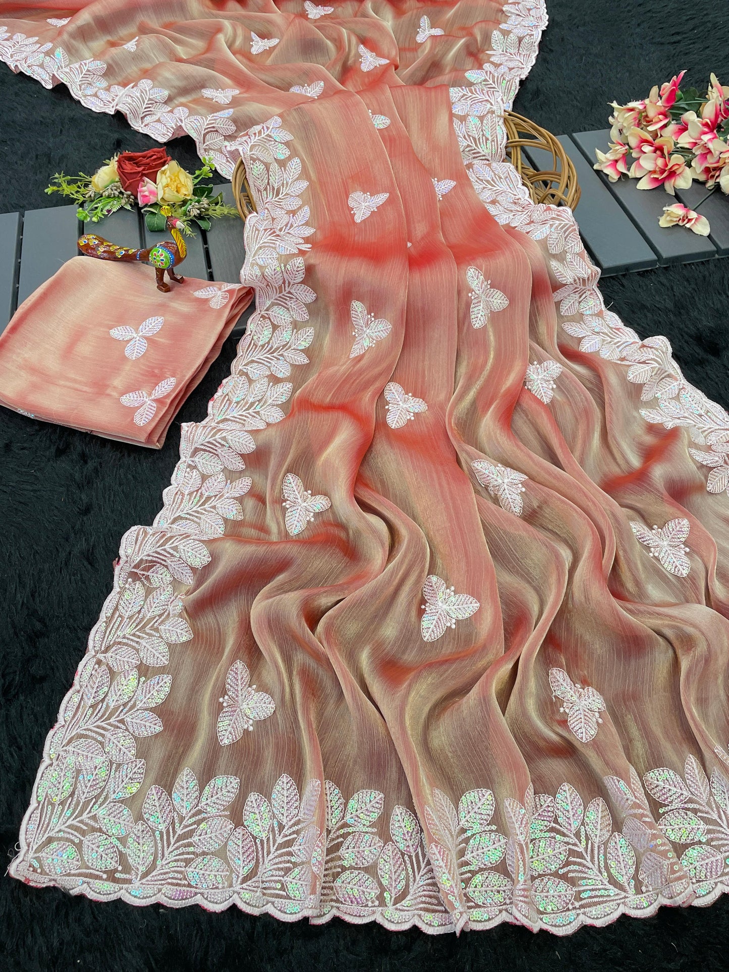 HOS Titali Burberry Chiffon Saree with Sequins Embroidery - House Of ShiVisha