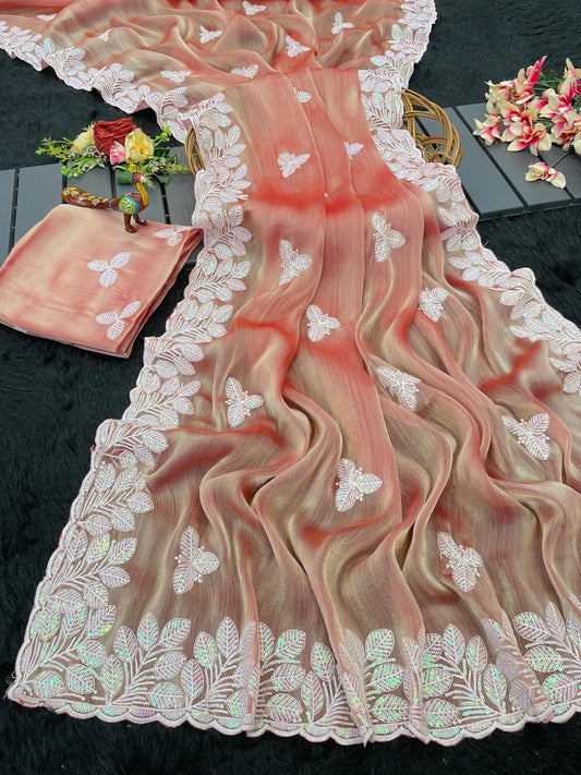 HOS Titali Burberry Chiffon Saree with Sequins Embroidery - House Of ShiVisha