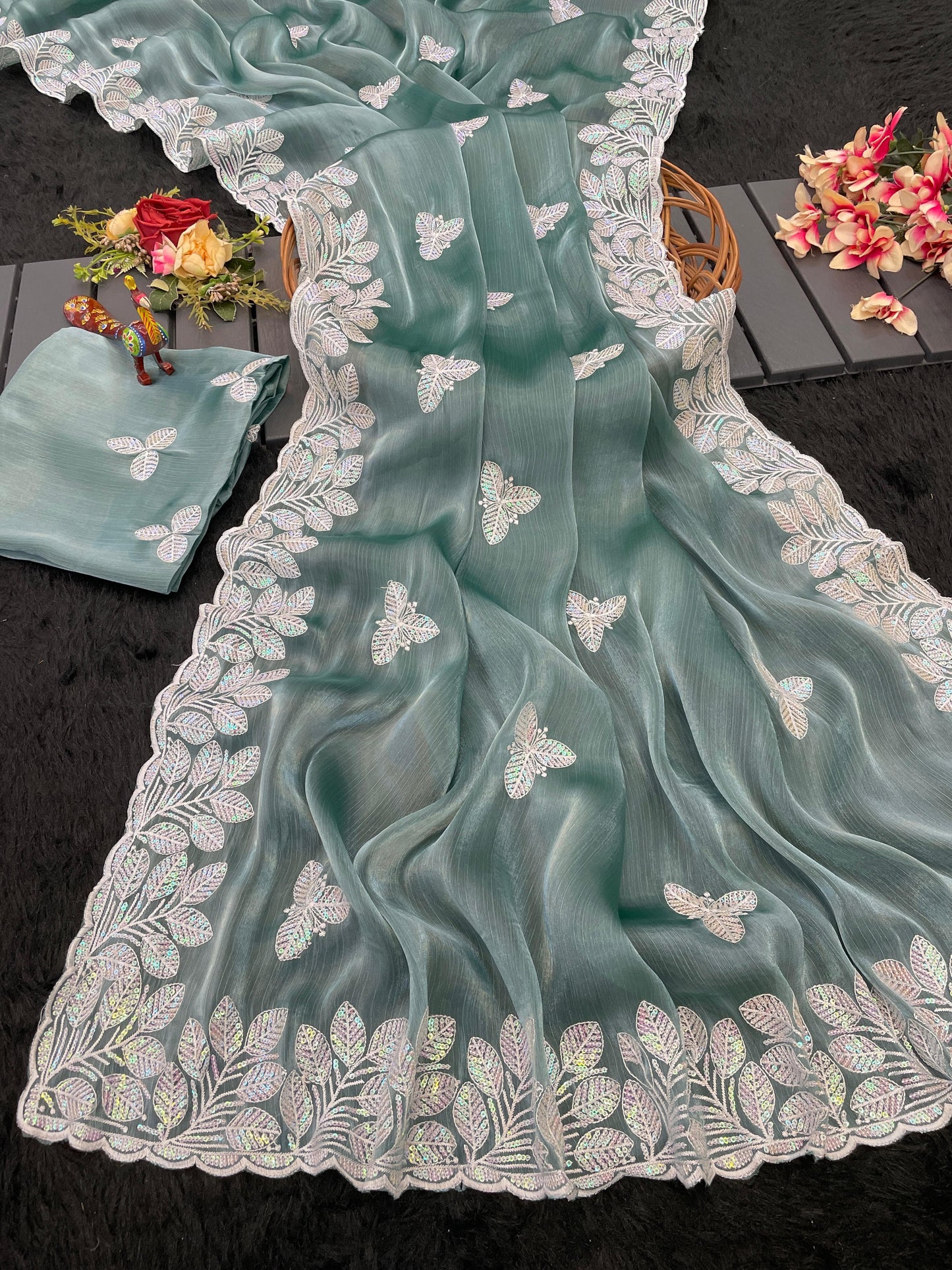 HOS Titali Burberry Chiffon Saree with Sequins Embroidery - House Of ShiVisha