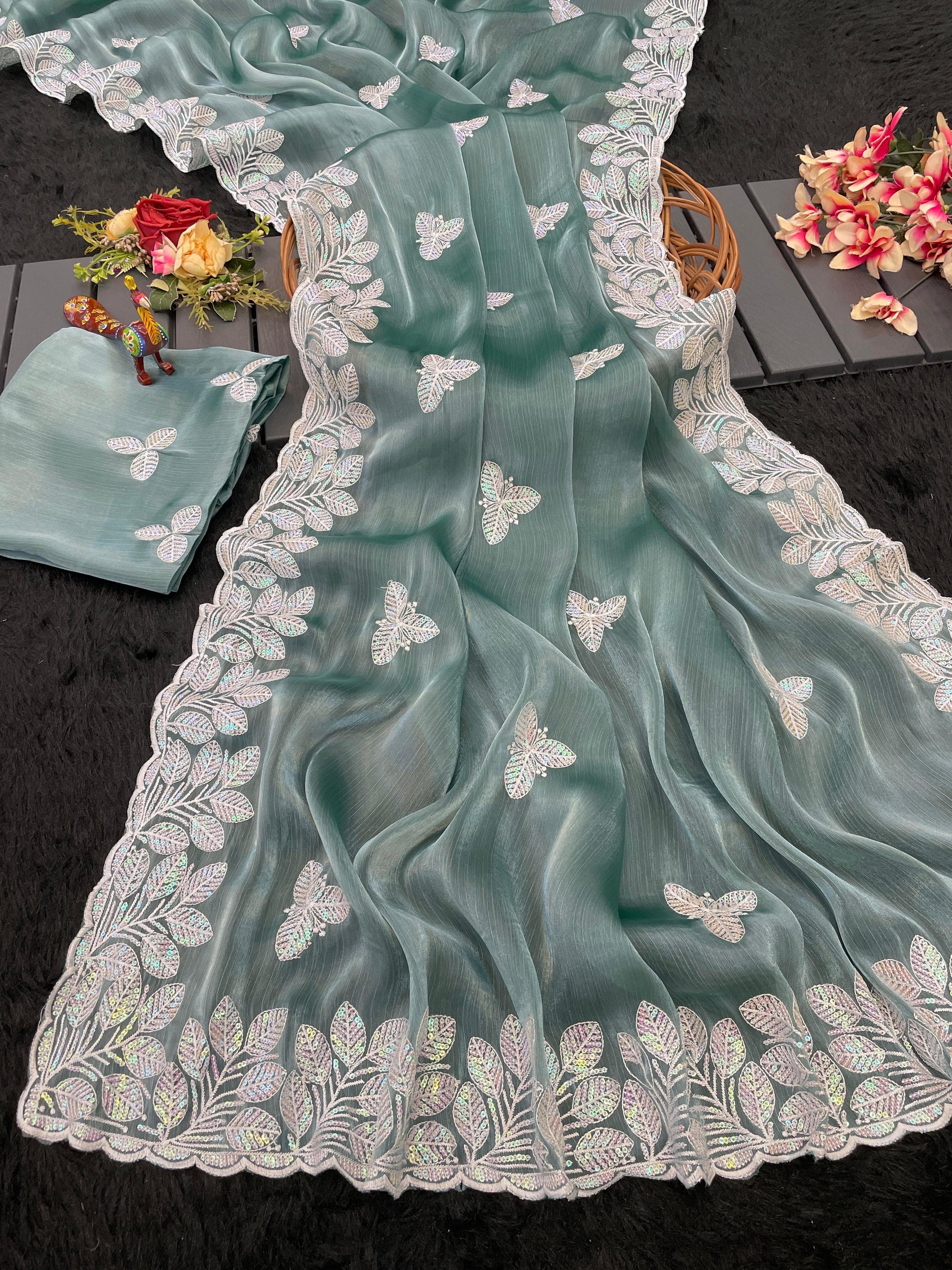 HOS Titali Burberry Chiffon Saree with Sequins Embroidery - House Of ShiVisha