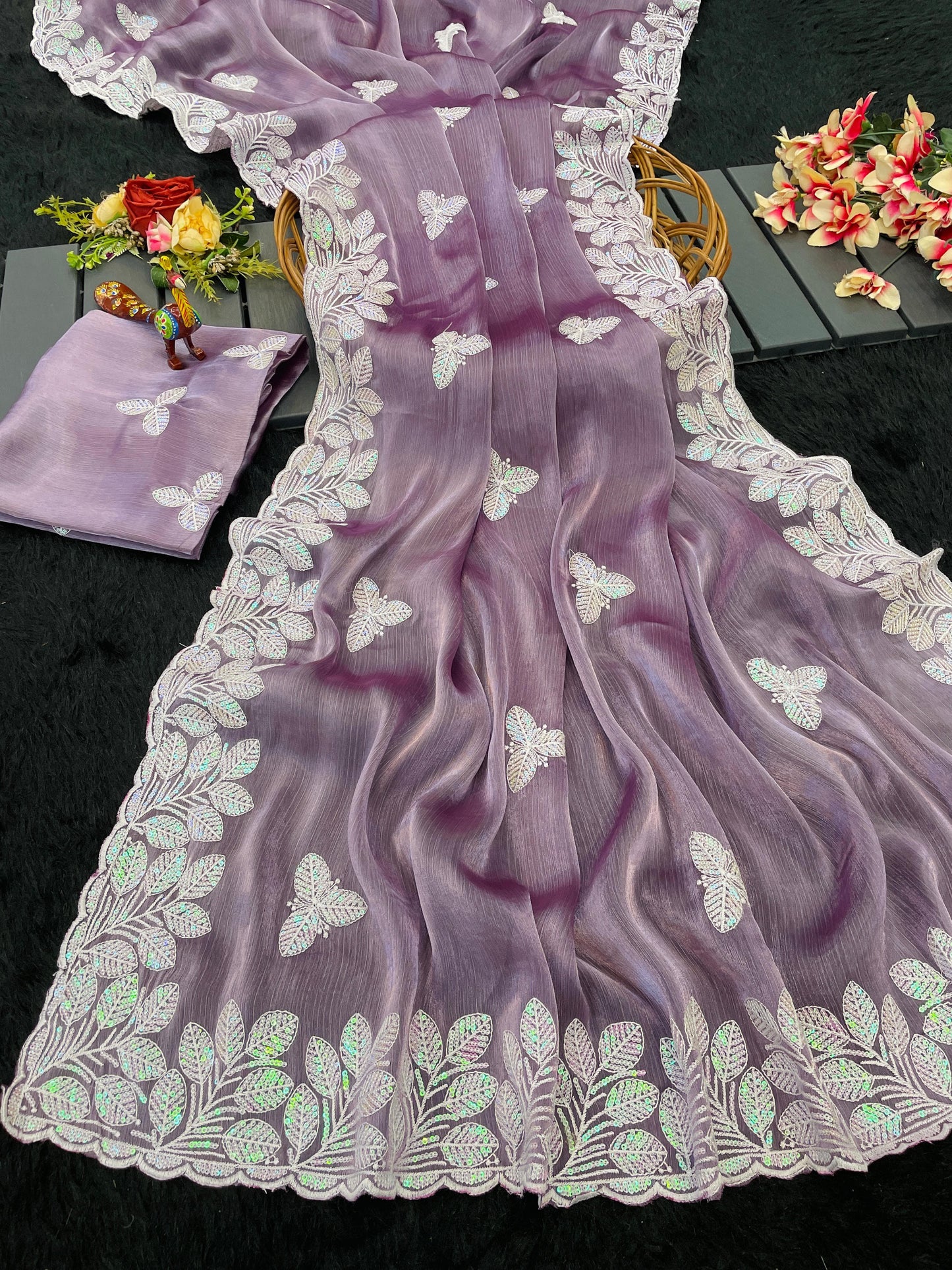 HOS Titali Burberry Chiffon Saree with Sequins Embroidery - House Of ShiVisha