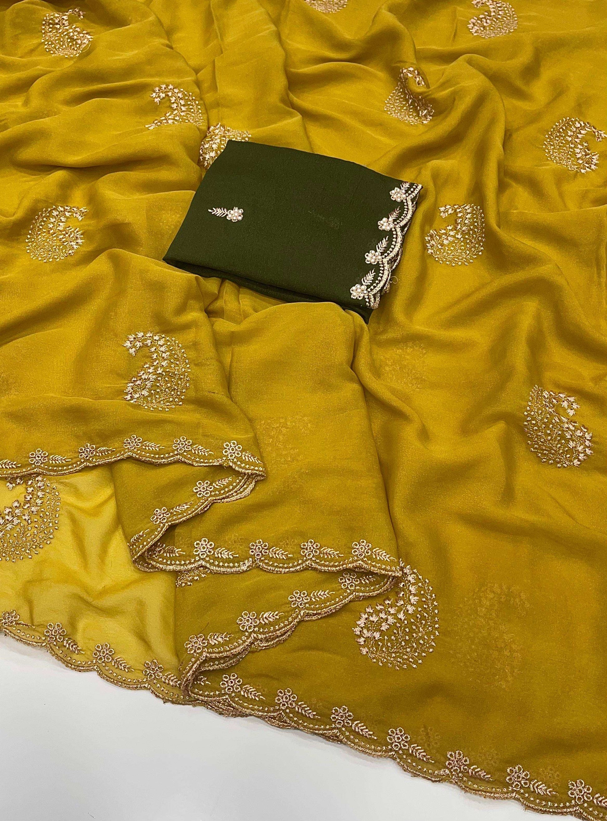 HOS Star Georgette Saree with Embroidery & Floral Blouse - House Of ShiVisha