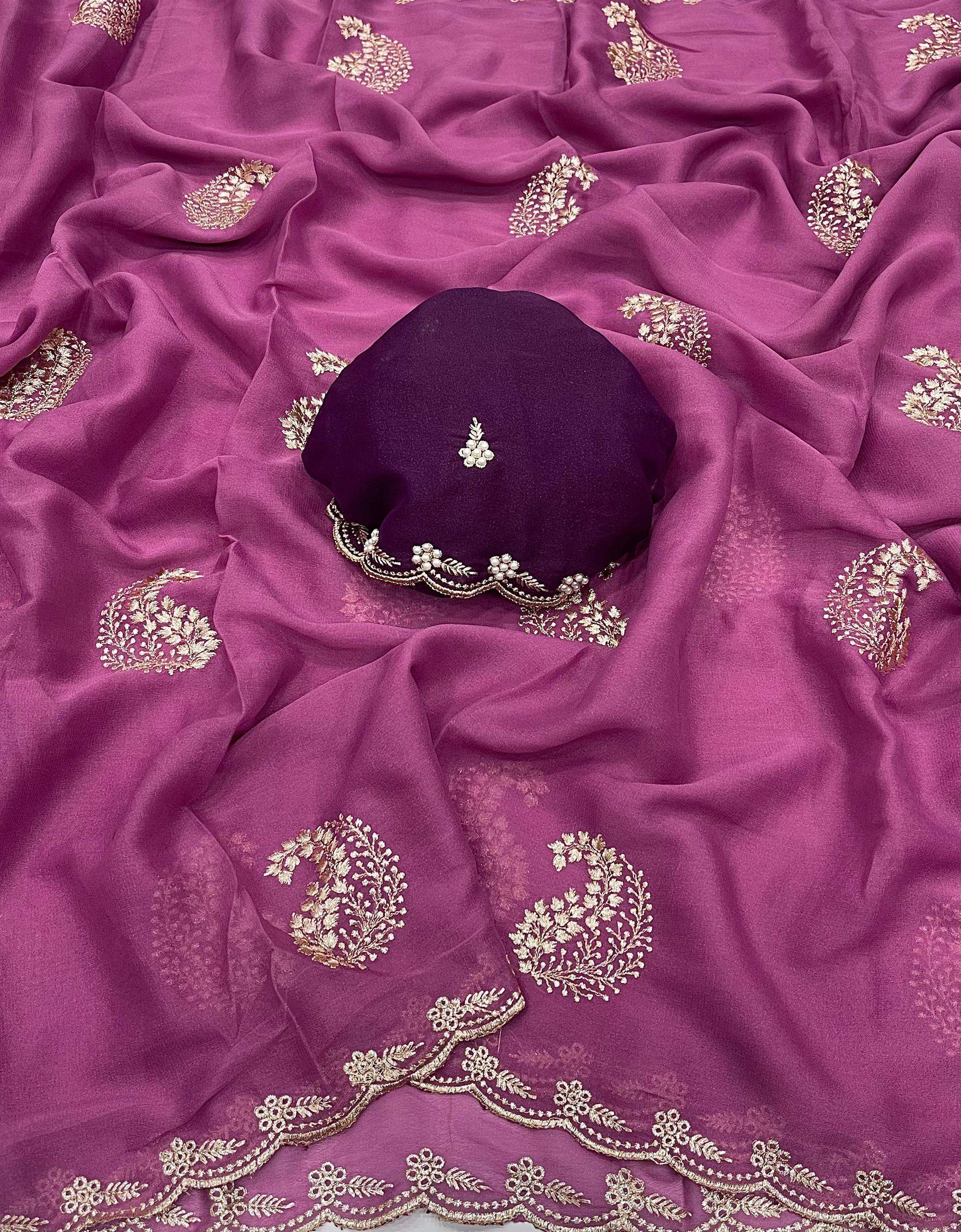 HOS Star Georgette Saree with Embroidery & Floral Blouse - House Of ShiVisha