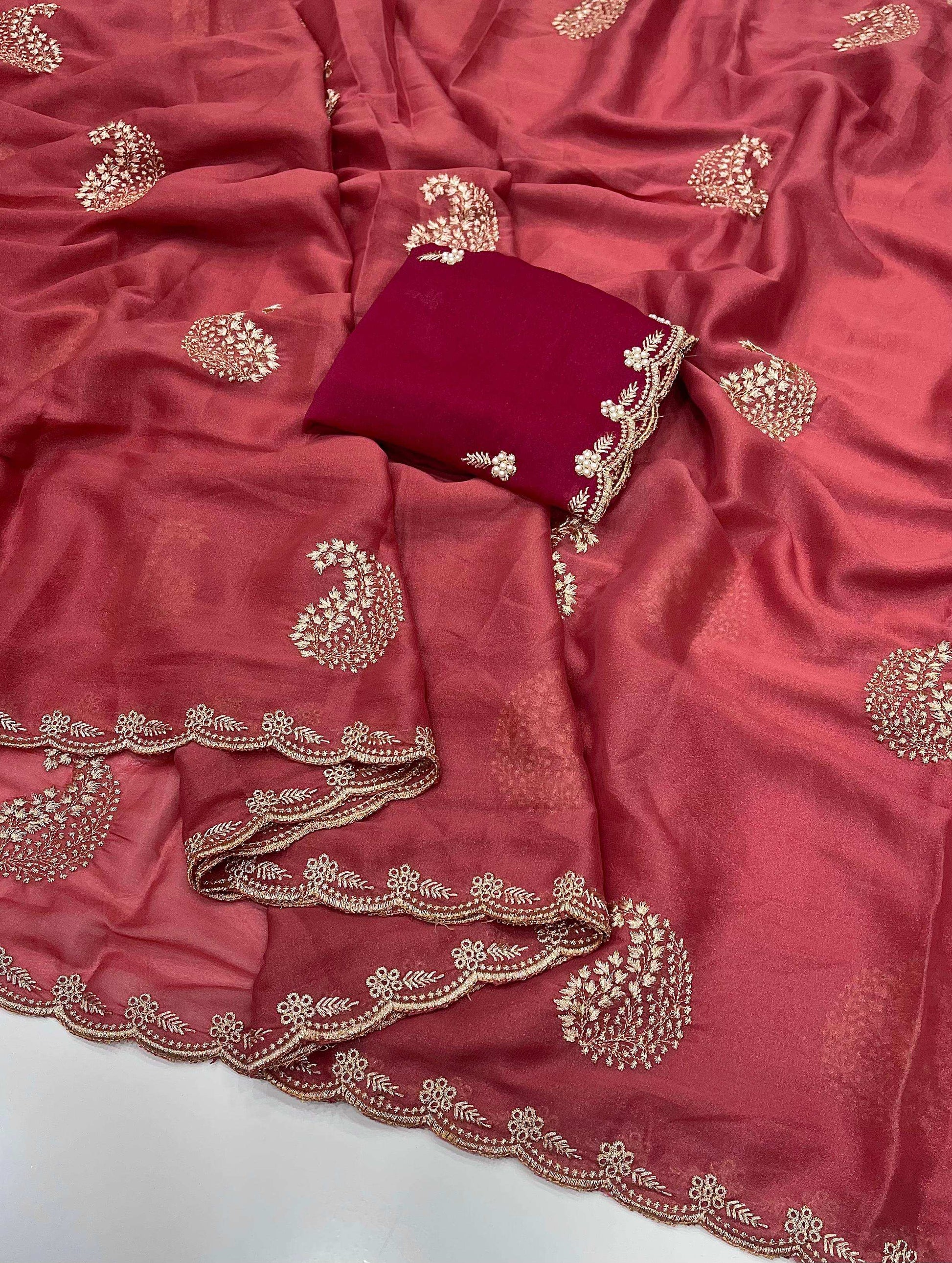 HOS Star Georgette Saree with Embroidery & Floral Blouse - House Of ShiVisha