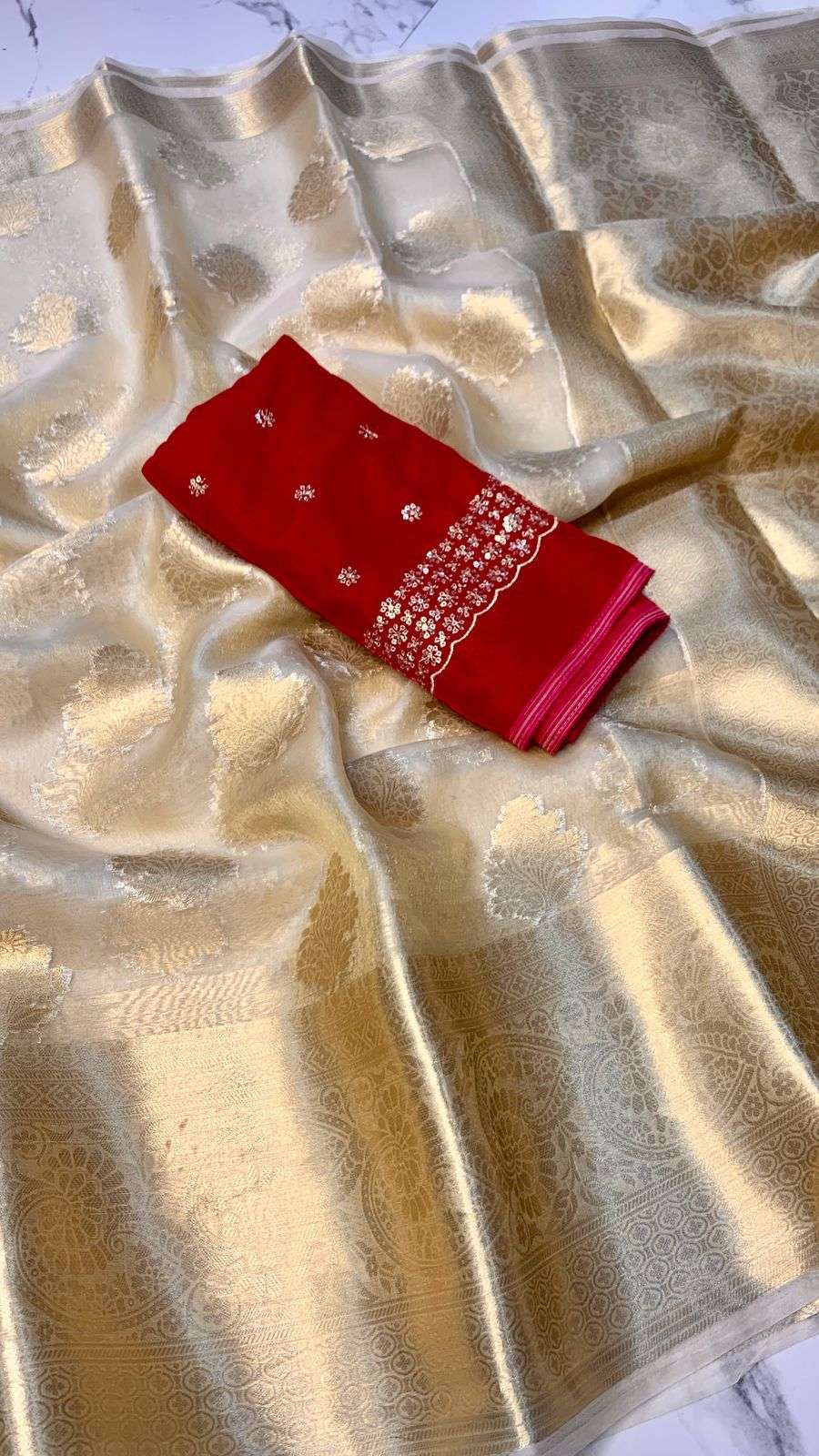 HOS Kasturi Tissue Silk Saree with Zari Weaving & Dual Blouses - House Of ShiVisha