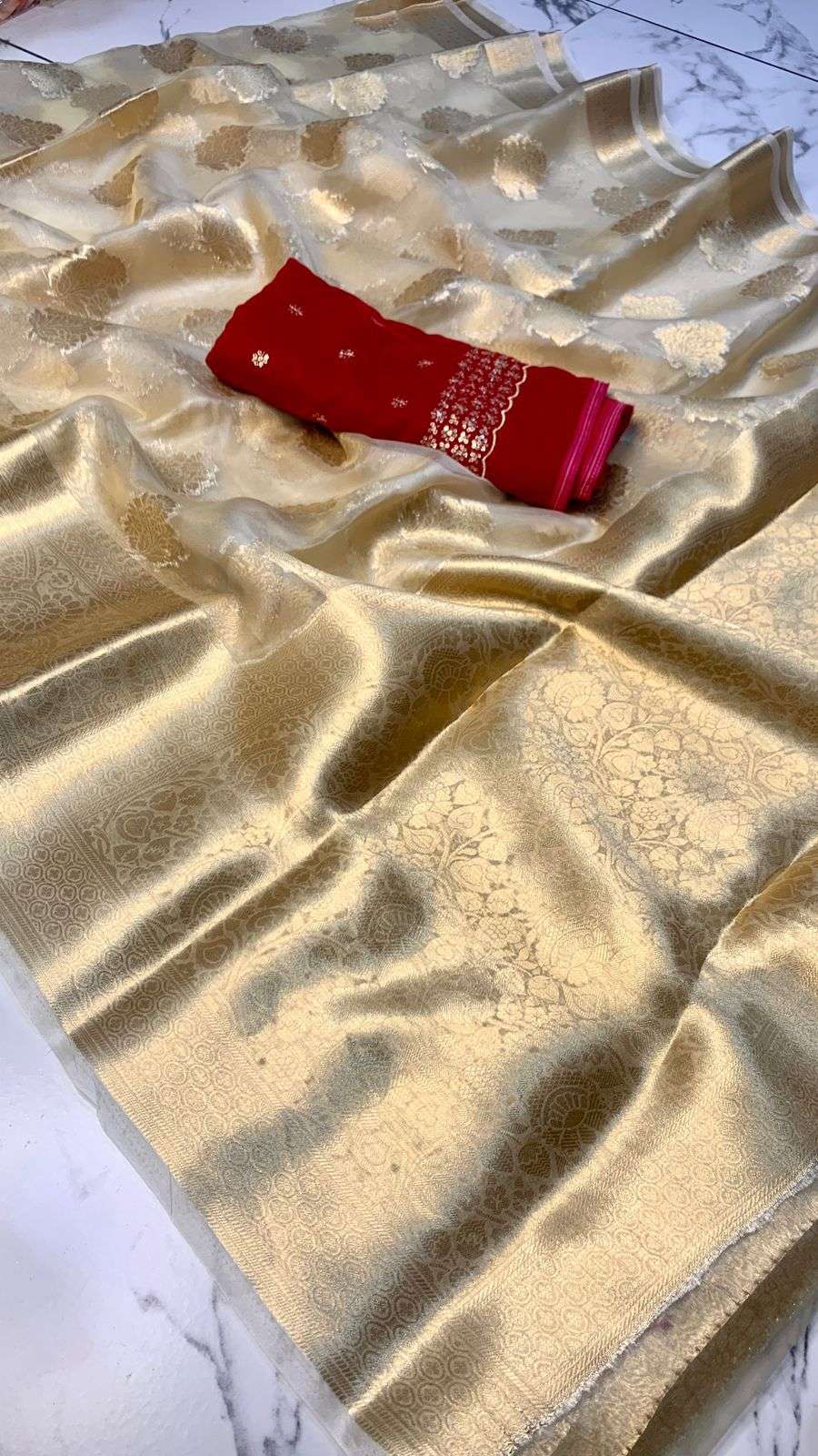 HOS Kasturi Tissue Silk Saree with Zari Weaving & Dual Blouses - House Of ShiVisha