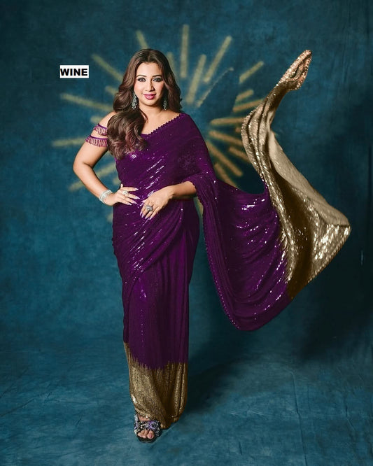 HOS DF 3458 Georgette Sequins Saree with Silk Blouse - House Of ShiVisha