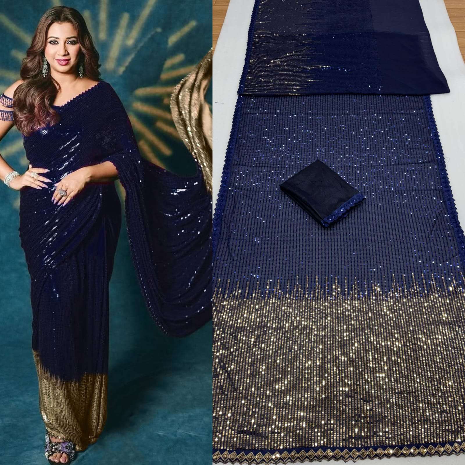 HOS DF 3458 Georgette Sequins Saree with Silk Blouse - House Of ShiVisha