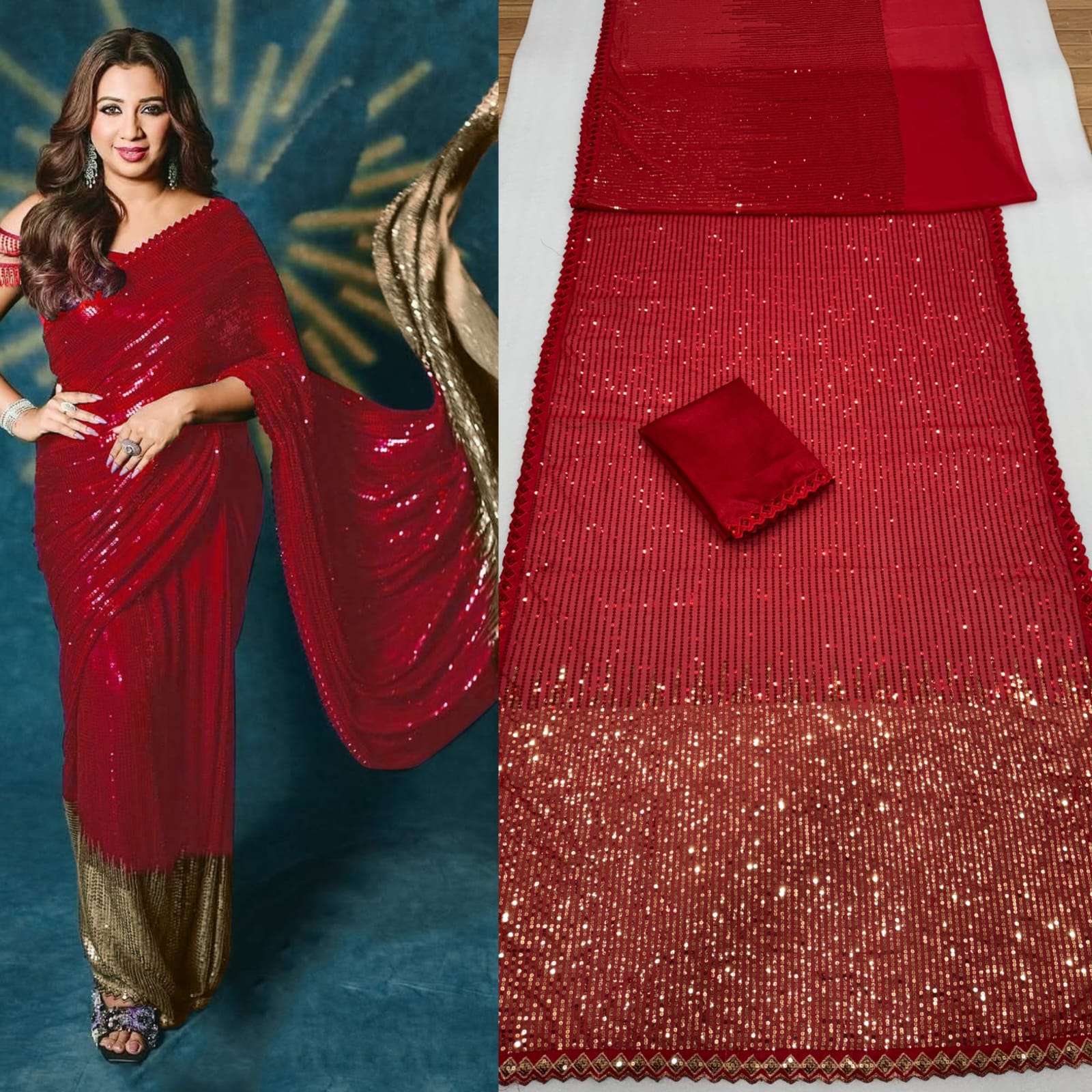 HOS DF 3458 Georgette Sequins Saree with Silk Blouse - House Of ShiVisha