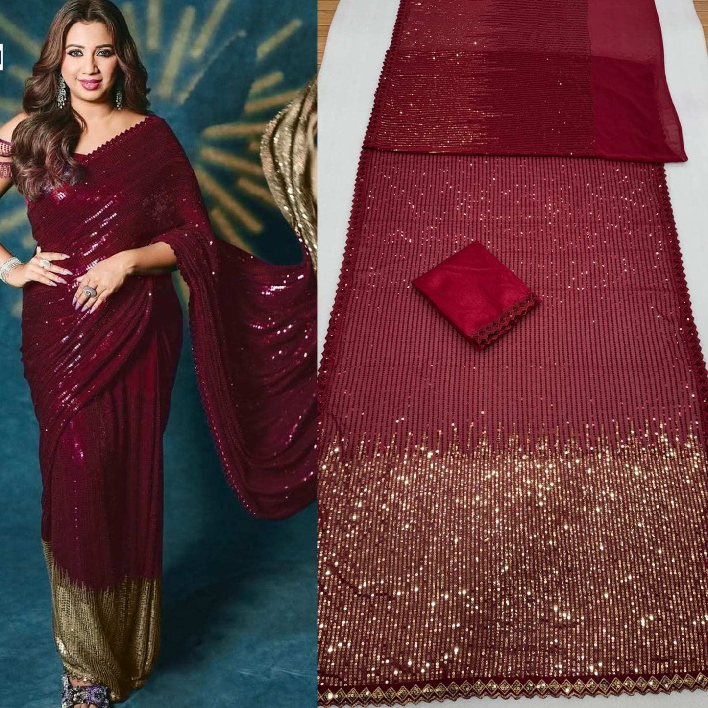 HOS DF 3458 Georgette Sequins Saree with Silk Blouse - House Of ShiVisha