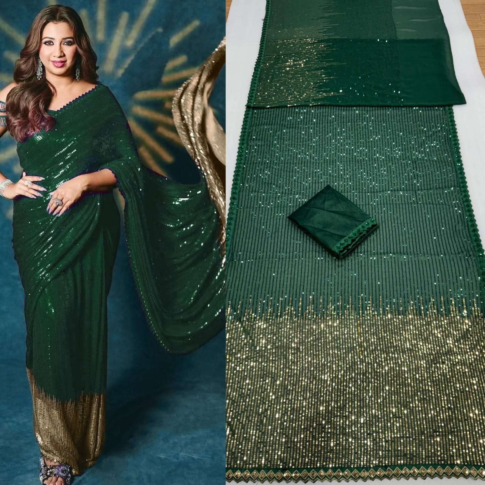 HOS DF 3458 Georgette Sequins Saree with Silk Blouse - House Of ShiVisha