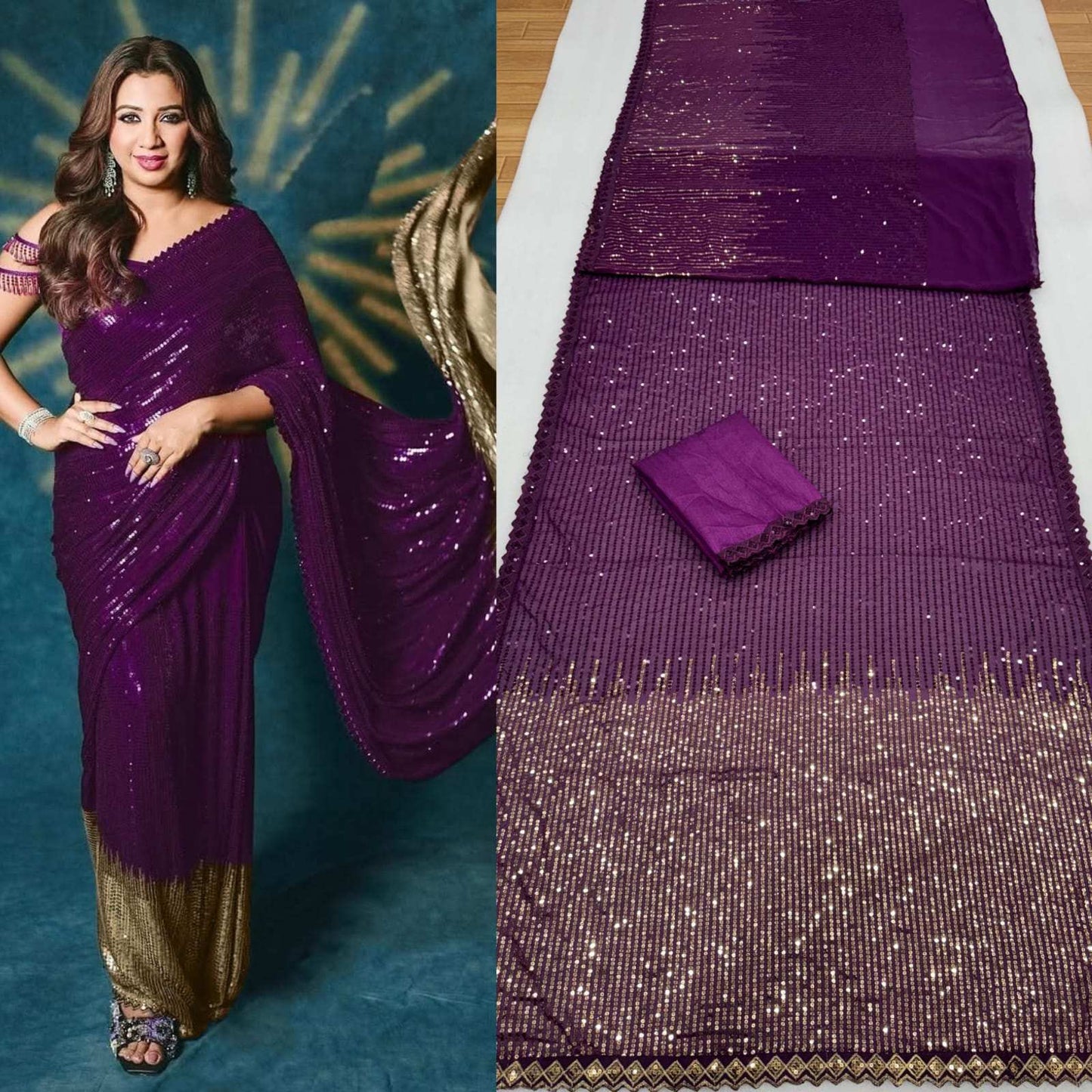 HOS DF 3458 Georgette Sequins Saree with Silk Blouse - House Of ShiVisha