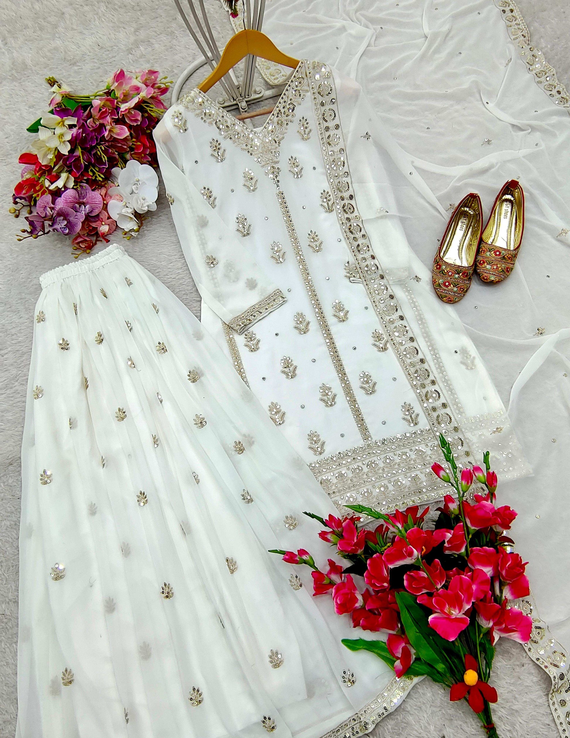 HOS WW-1170 Fox Georgette Sarara Set with Embroidery Work