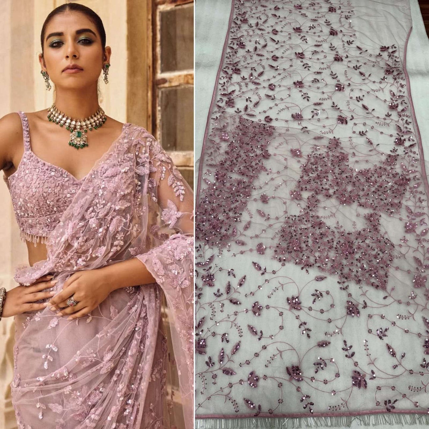 HOS NET SPECIAL Mono Net Sequins Saree with Embroidered Blouse