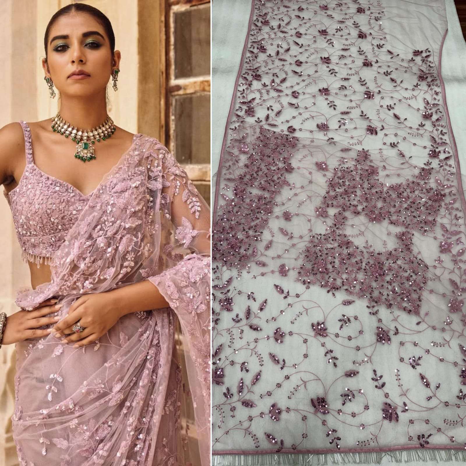 HOS NET SPECIAL Mono Net Sequins Saree with Embroidered Blouse