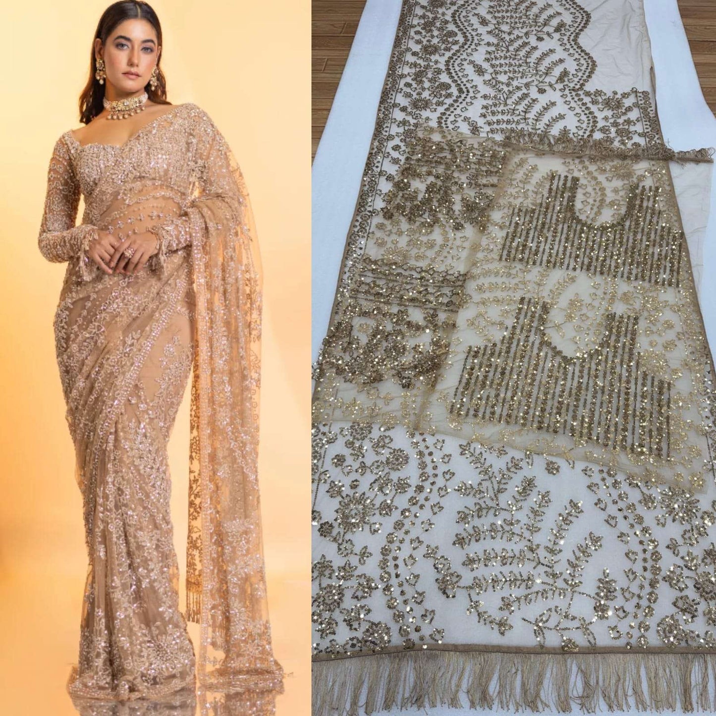 HOS NET SPECIAL Mono Net Sequins Saree with Embroidered Blouse