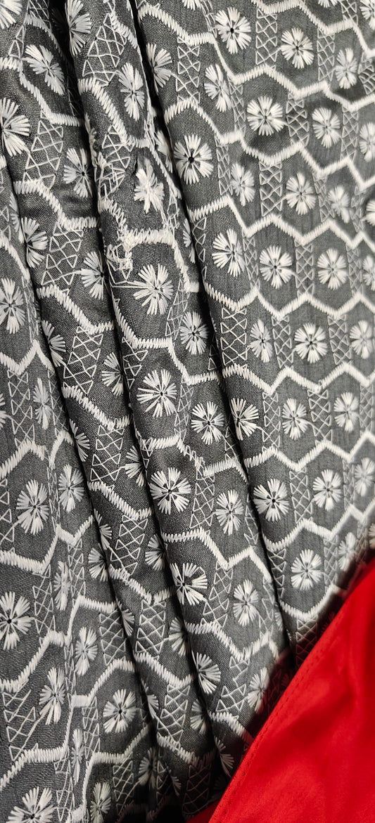 Charcoal Grey Chikankari Embroidered Fabric – White Handcrafted Floral Geometric Work Material for Ethnic & Designer Wear (10 Meter Set )