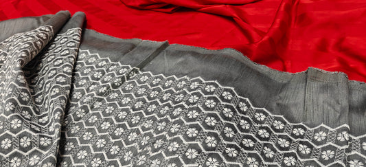 Charcoal Grey Chikankari Embroidered Fabric – White Handcrafted Floral Geometric Work Material for Ethnic & Designer Wear (10 Meter Set )