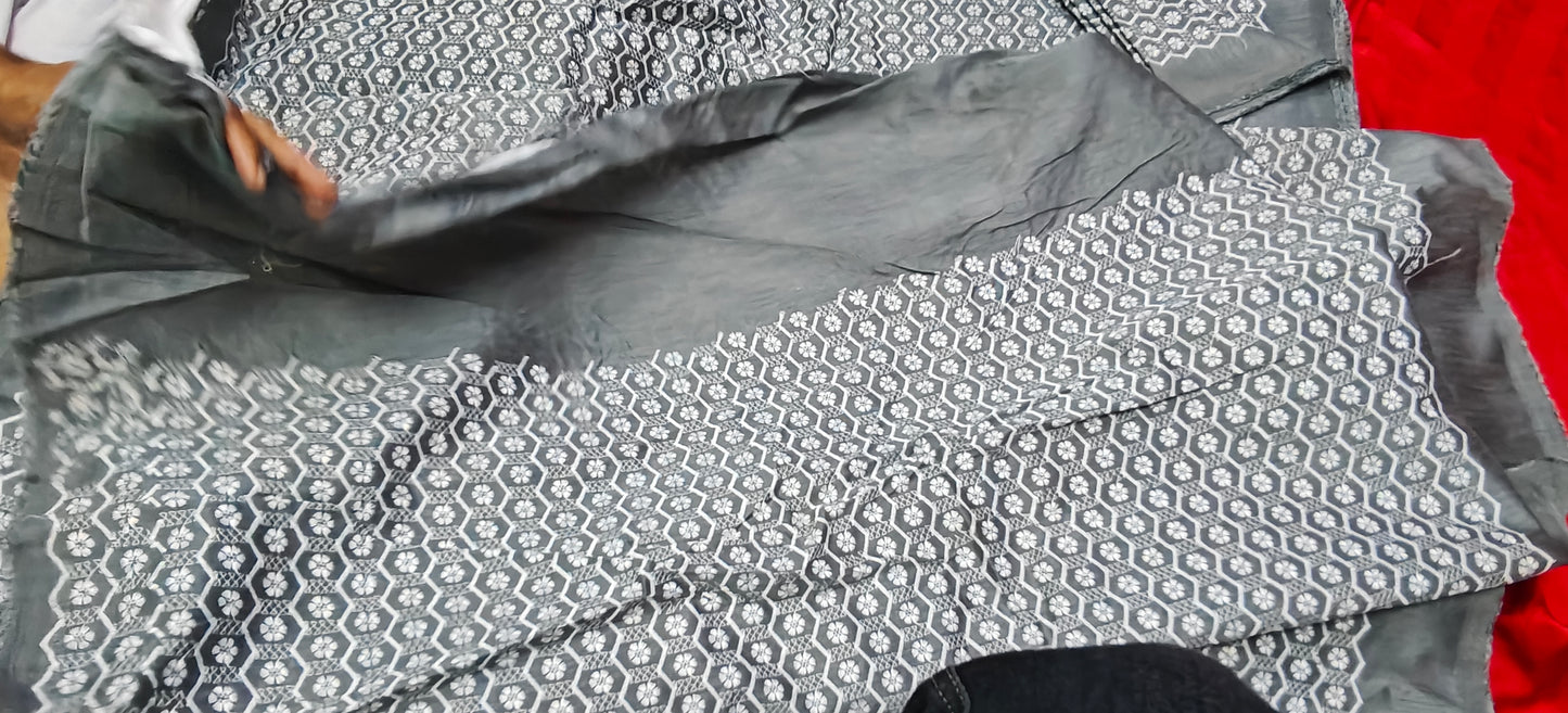 Charcoal Grey Chikankari Embroidered Fabric – White Handcrafted Floral Geometric Work Material for Ethnic & Designer Wear (10 Meter Set )