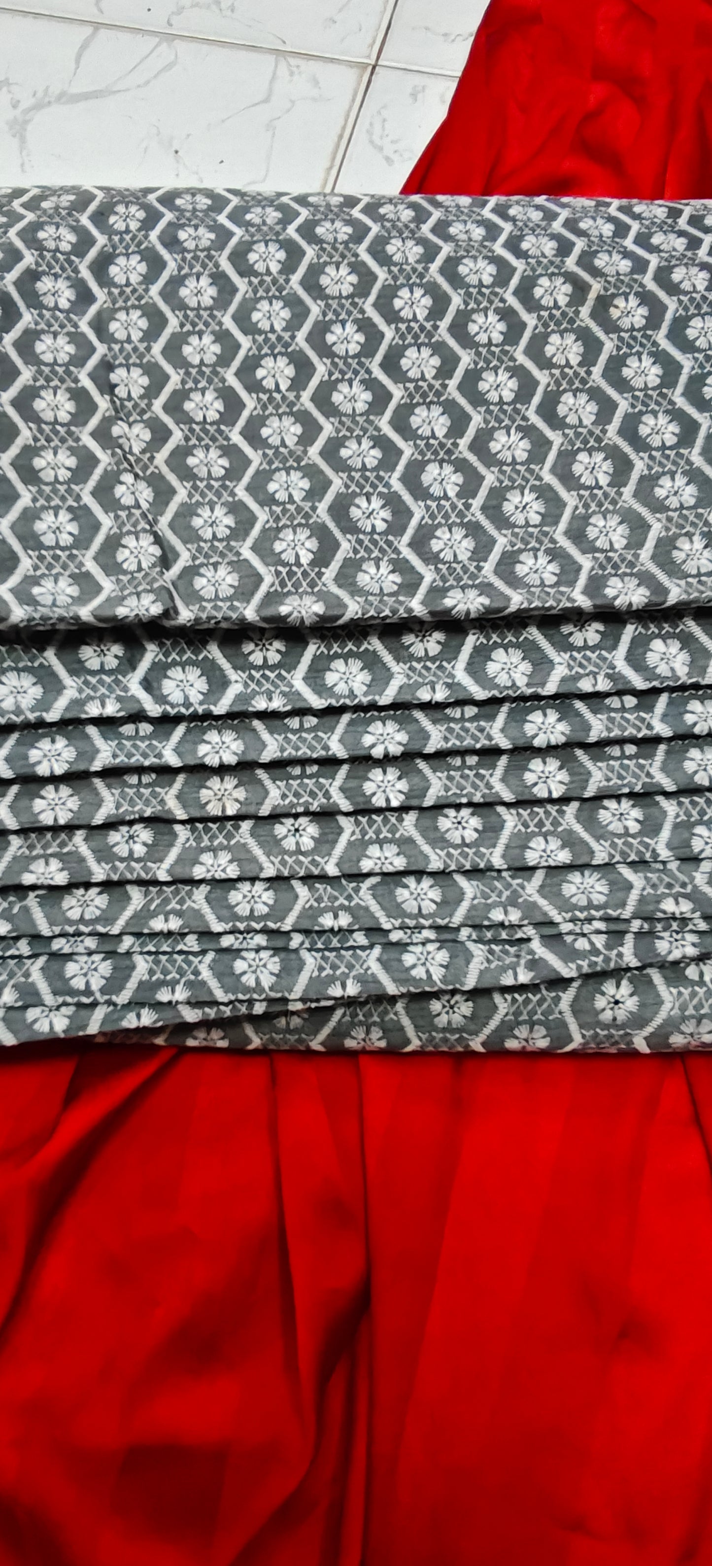 Charcoal Grey Chikankari Embroidered Fabric – White Handcrafted Floral Geometric Work Material for Ethnic & Designer Wear (10 Meter Set )