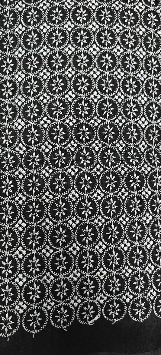 Black Embroidered Fabric – White Thread Circle Motif (10 Meter Set)