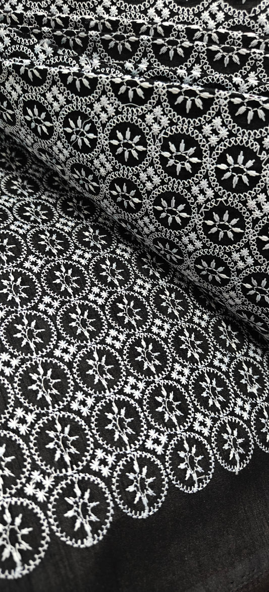 Black Embroidered Fabric – White Thread Circle Motif (10 Meter Set)