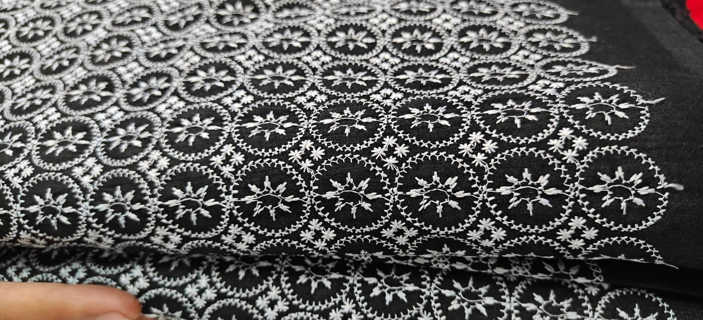 Black Embroidered Fabric – White Thread Circle Motif (10 Meter Set)