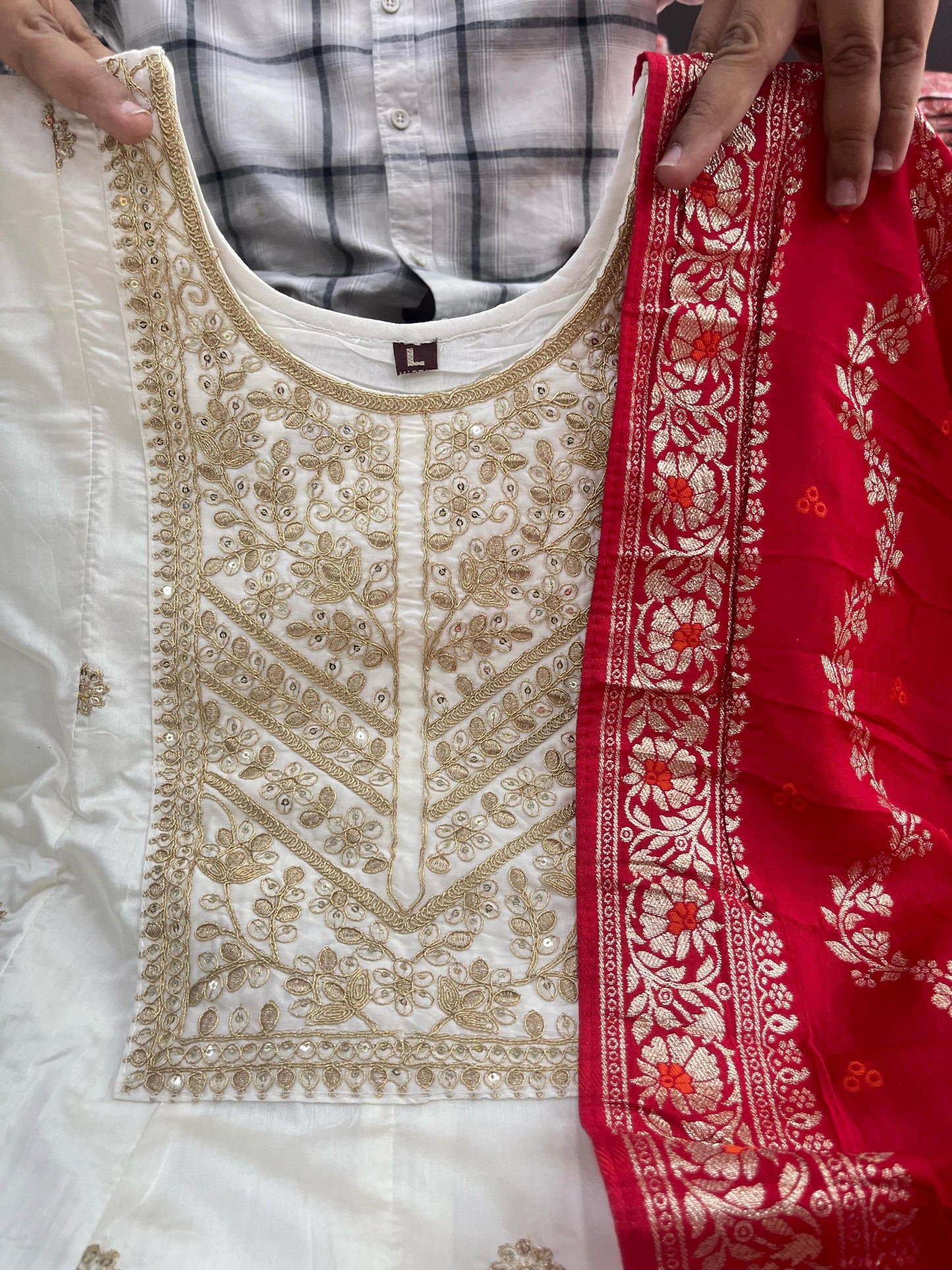 Jashn-E-Bahaaraa Anarkali Kurti Pant Dupatta Set – Banana Silk with Banarasi Dupatta & Golden Zari Work | House of ShiVisha™