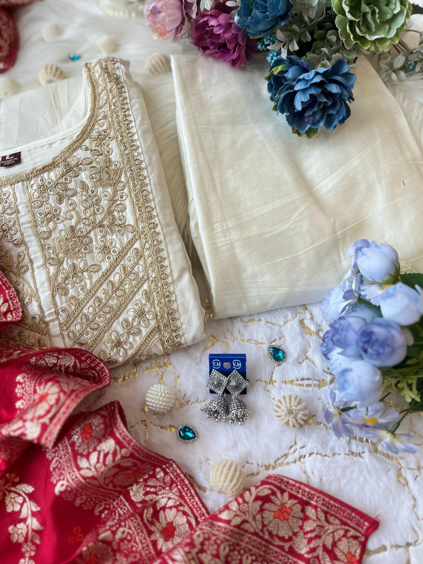 Jashn-E-Bahaaraa Anarkali Kurti Pant Dupatta Set – Banana Silk with Banarasi Dupatta & Golden Zari Work | House of ShiVisha™