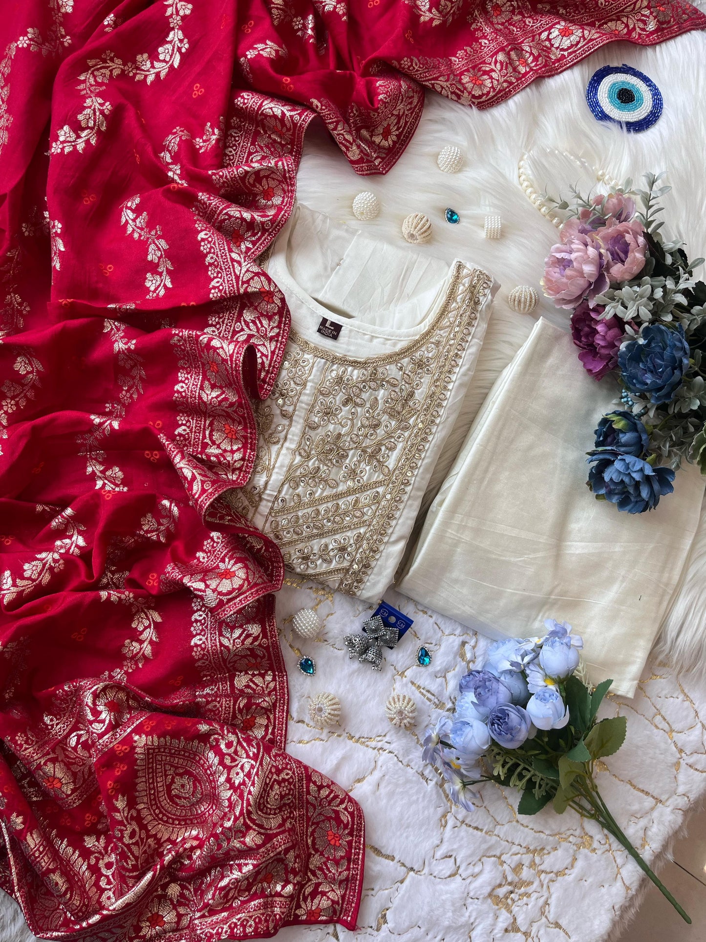 Jashn-E-Bahaaraa Anarkali Kurti Pant Dupatta Set – Banana Silk with Banarasi Dupatta & Golden Zari Work | House of ShiVisha™