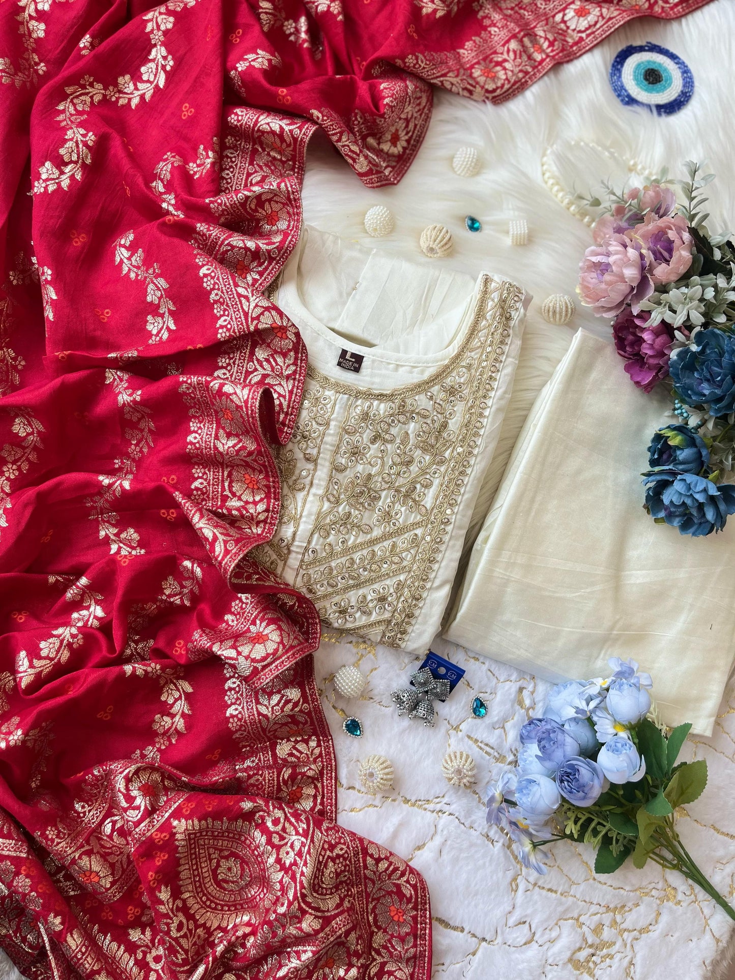 Jashn-E-Bahaaraa Anarkali Kurti Pant Dupatta Set – Banana Silk with Banarasi Dupatta & Golden Zari Work | House of ShiVisha™