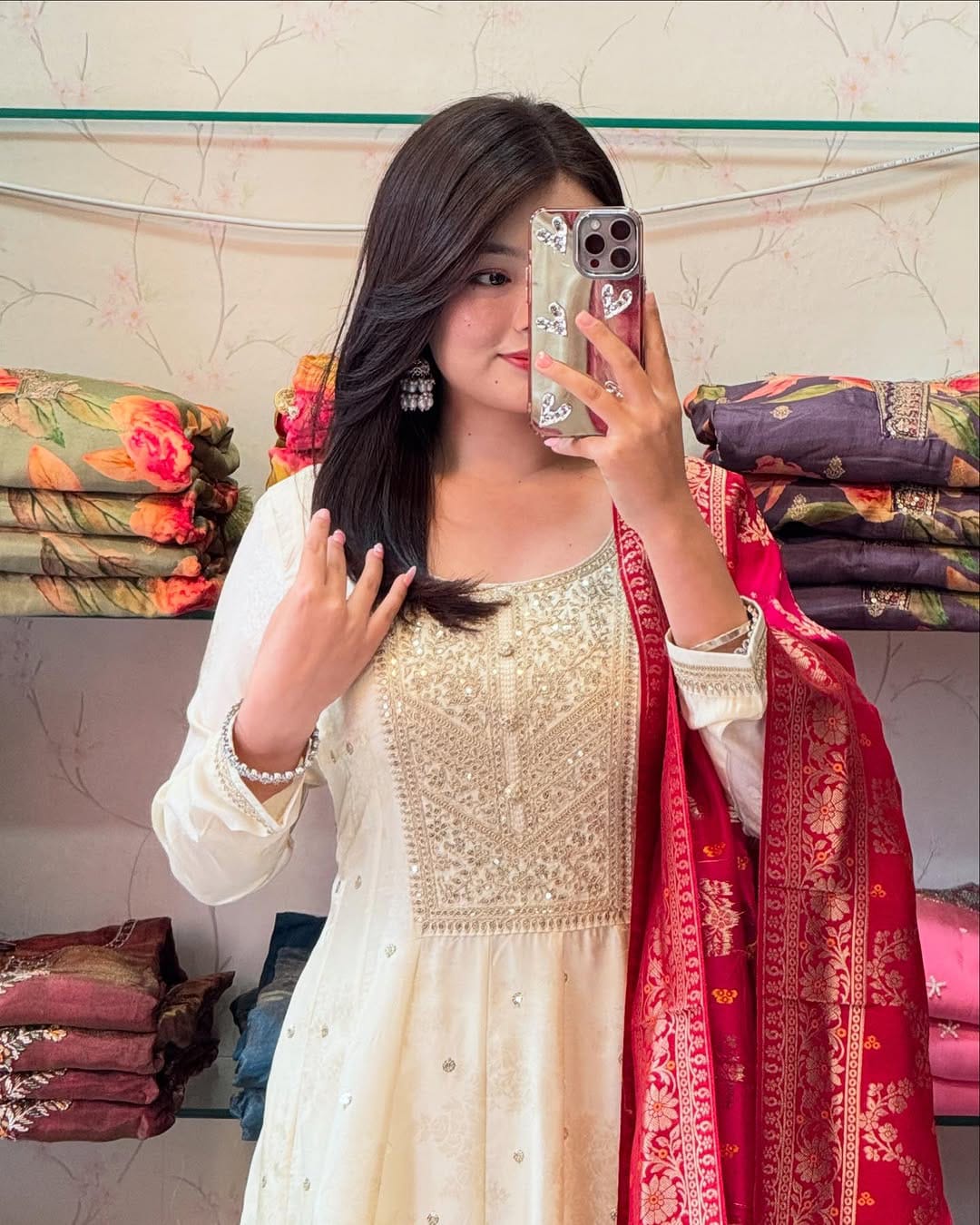 Jashn-E-Bahaaraa Anarkali Kurti Pant Dupatta Set – Banana Silk with Banarasi Dupatta & Golden Zari Work | House of ShiVisha™