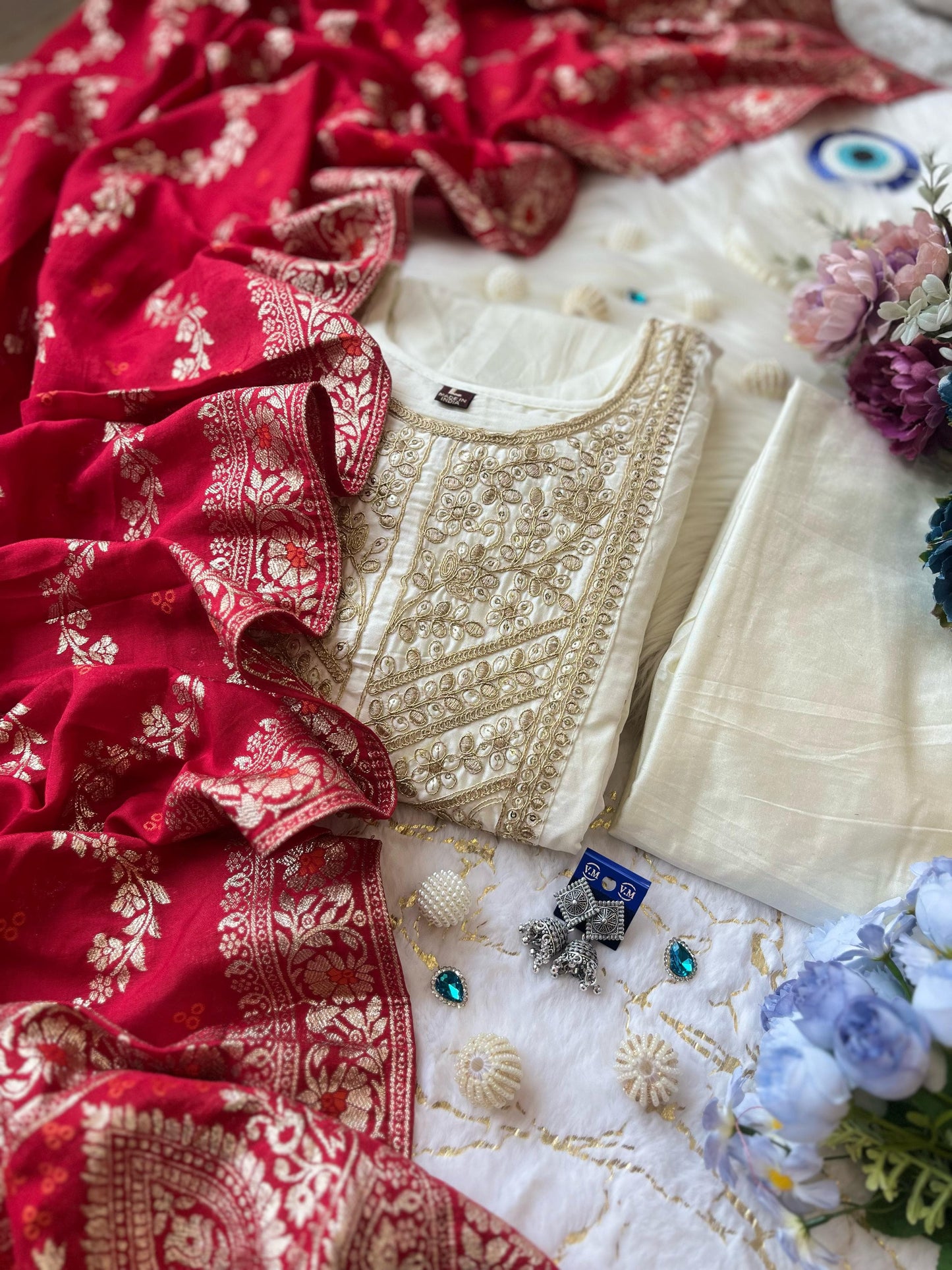 Jashn-E-Bahaaraa Anarkali Kurti Pant Dupatta Set – Banana Silk with Banarasi Dupatta & Golden Zari Work | House of ShiVisha™