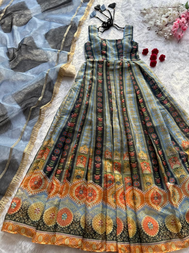 SCNX-1166 Jimmy Organza Silk Digital Printed Anarkali Gown – Designer Dupatta with Lace Border | House of ShiVisha™ | Modern Grace Edition