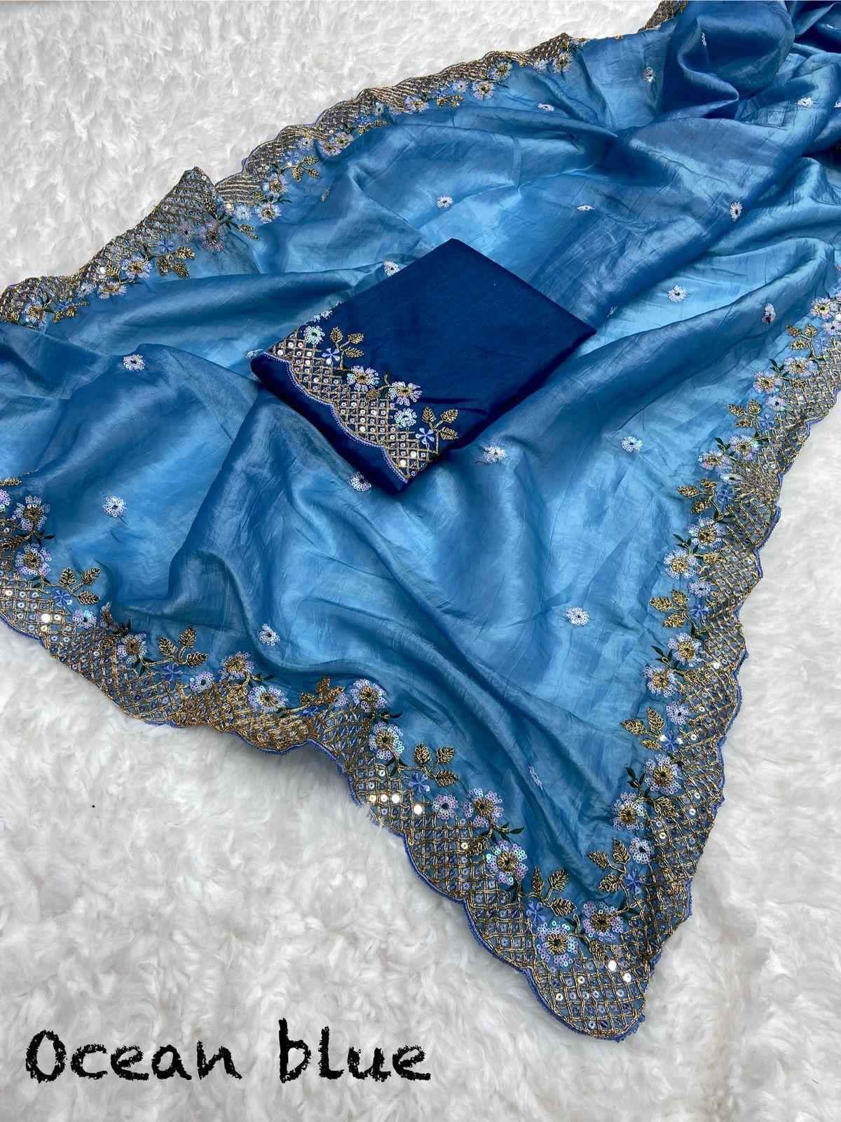 KK-0285 Gold Crush Silk Saree – C-Pallu Embroidery, Sequins & Zari Work with Mono Banglory Blouse | House of ShiVisha™